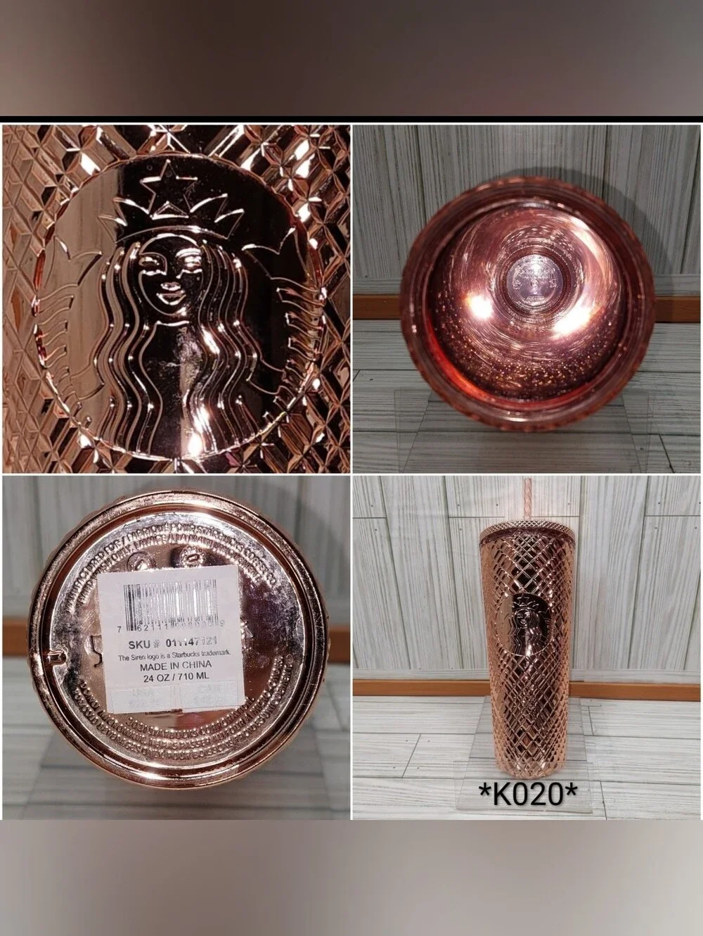 Starbucks 24oz Reflective Acrylic Rose Gold Diamond Textured Lid & Straw Tumbler
